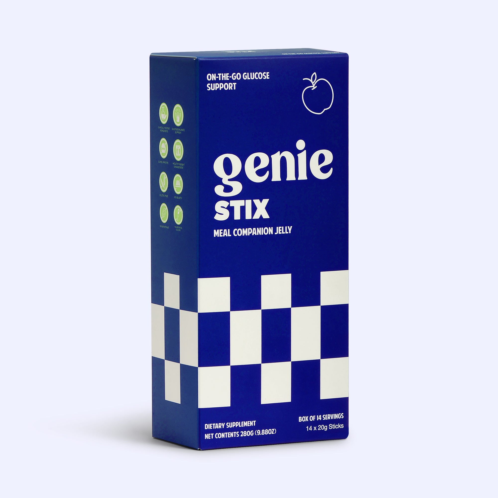 Blue box of 'genie stix' meal companion jelly on a white background