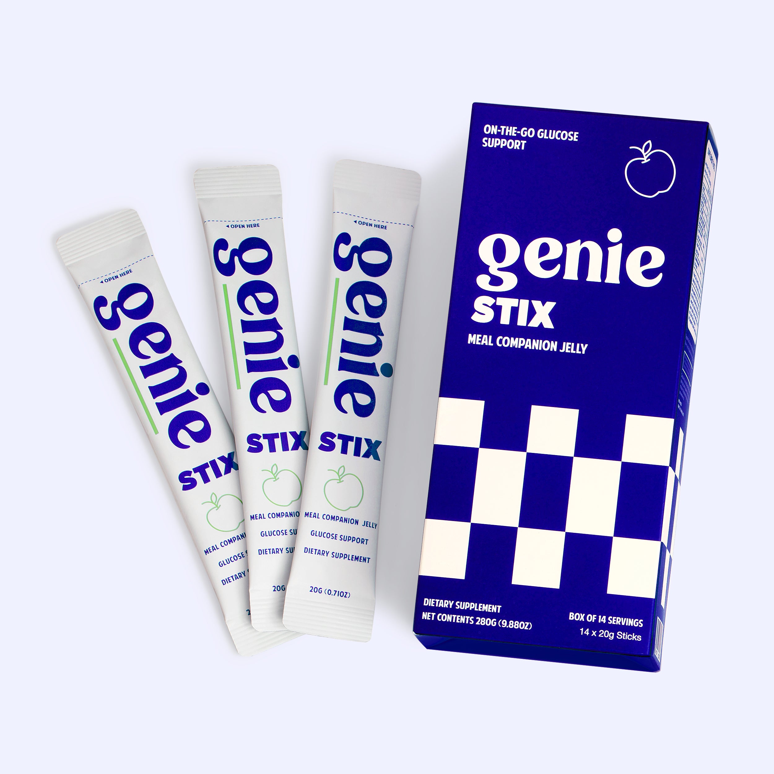 Genie Stix meal companion jelly packaging with four sticks on a white background
