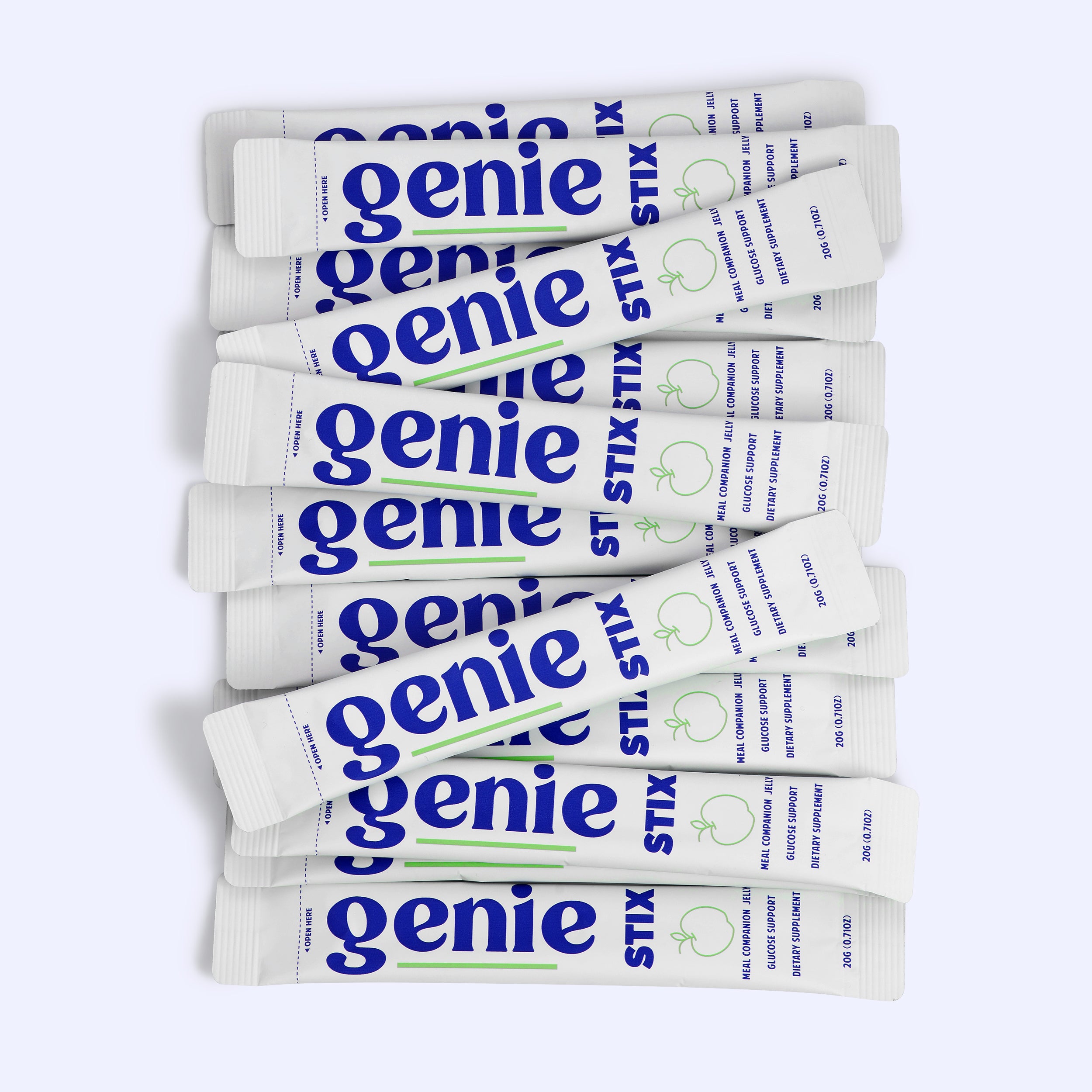 Multiple packages of 'genie' brand products stacked on a light gray background