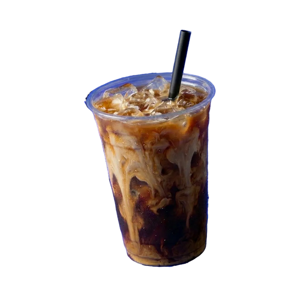 Iced coffee in a clear plastic cup with a black straw