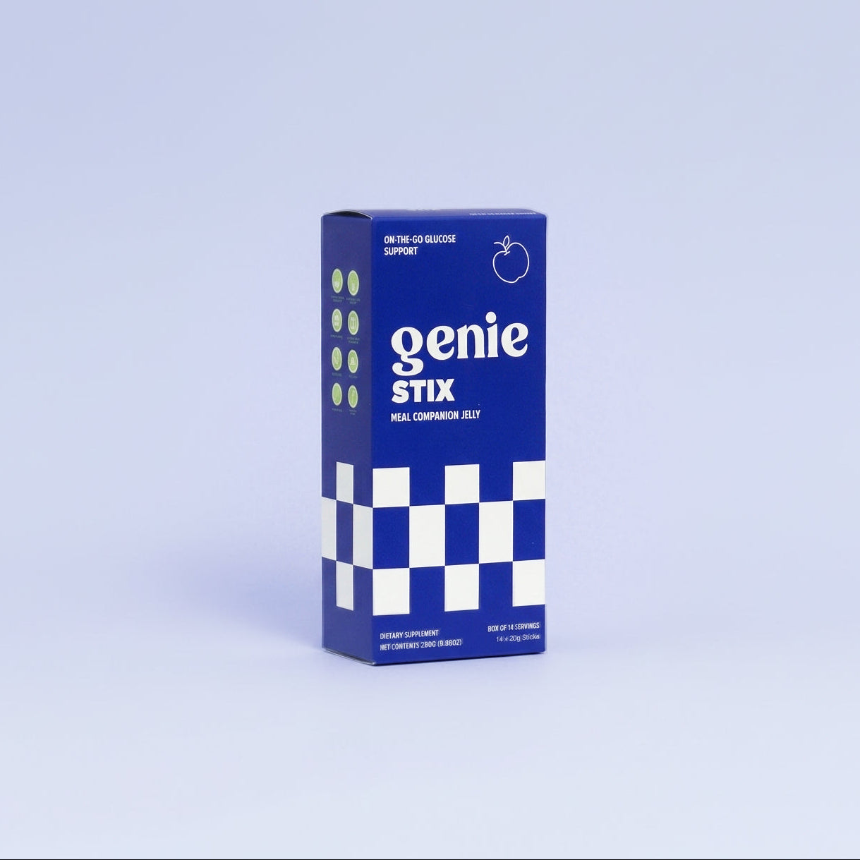 Blue box labeled 'genie STIX' on a light purple background
