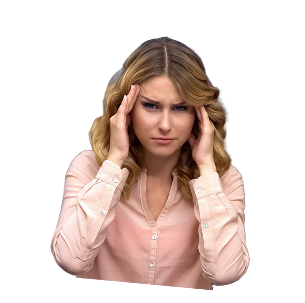 Woman in a pink shirt holding her head in pain on a white background