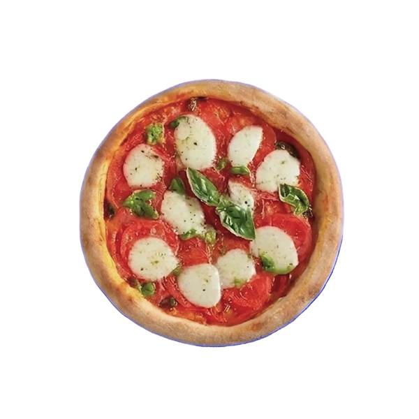 Small pizza with tomato sauce, mozzarella cheese, and basil