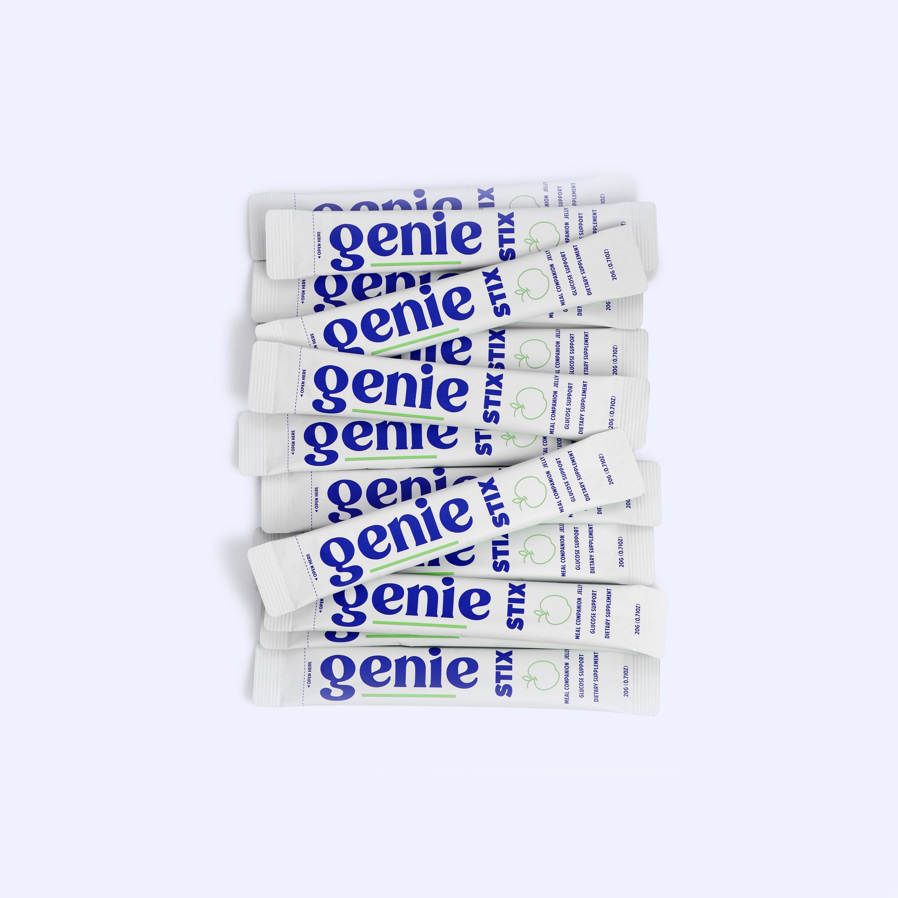 Multiple 'genie' brand product tubes stacked on a white background