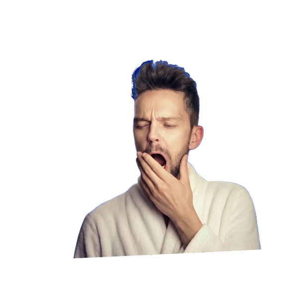 Man in a white robe yawning on a white background
